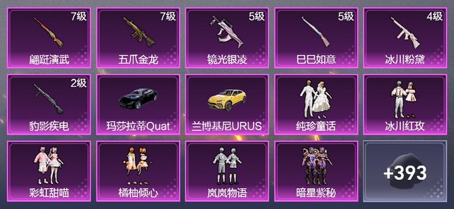 和平精英2载具 6升级枪 12粉装 1飞行器 213枪皮 193套装 79741热力 10印记 黄金