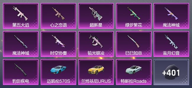 和平精英4载具 11升级枪 10粉装 6尾迹 230套装 109873热力 27印记