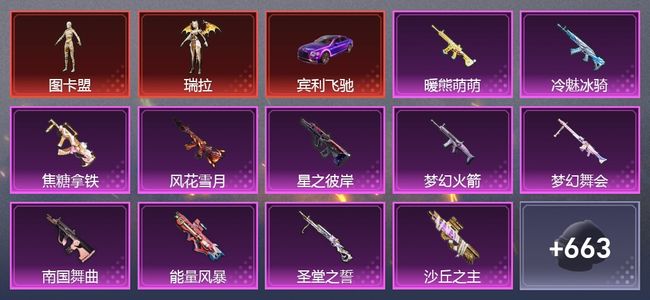 和平精英10载具 27升级枪 36粉装 15尾迹 346套装 18,6248热力 19印记