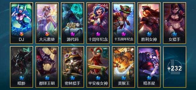 英雄联盟（LOL）2终极 3神话 5臻彩 25限定 28传说 245皮肤 37炫彩 172英雄