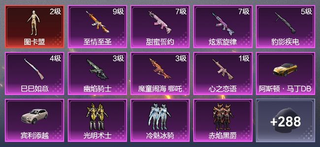 和平精英2载具 8升级枪 10粉装 2飞行器 187枪皮 119套装 69637热力 23印记 白银