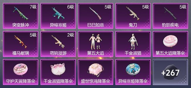 和平精英7升级枪 2粉装 1尾迹 175枪皮 118套装 48623热力 9印记