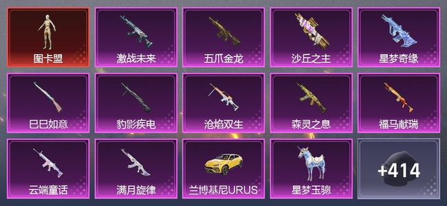 和平精英4载具 0升级枪 9粉装 17尾迹 195套装 108352热力 16印记