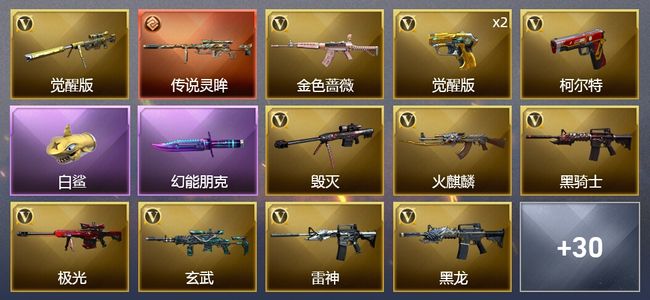 穿越火线（CF）1传说武器 3王者武器 1炫金武器 38V武器 1V角色 20皮肤 可排位