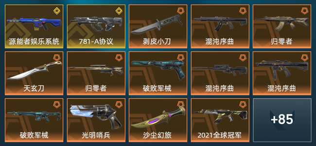 无畏契约2金皮 24橙皮 7紫皮 101皮肤 5,0770皮肤总价值 1335已用源晶 黄金