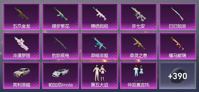 和平精英2载具 10升级枪 11粉装 2尾迹 224套装 9,4953热力 17印记