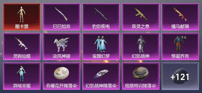 和平精英1载具 5升级枪 5粉装 5尾迹 108枪皮 95套装 36824热力 8印记