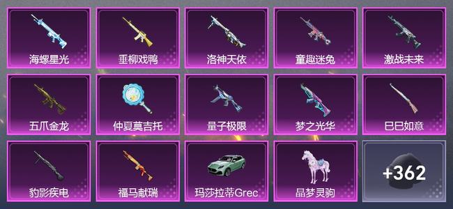 和平精英2载具 12升级枪 34粉装 4尾迹 265枪皮 215套装 9,5671热力 9印记