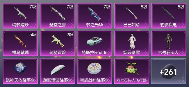 和平精英1载具 7升级枪 2粉装 1尾迹 168枪皮 118套装 50373热力 4印记 星钻