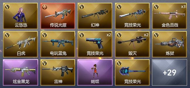穿越火线（CF）1传说武器 1炫金武器 55V武器 1V角色 25皮肤 可排位 新锐
