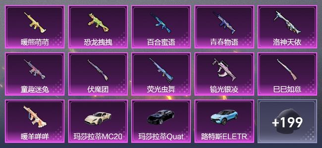 和平精英8载具 14升级枪 10粉装 2飞行器 116套装 74893热力 15印记