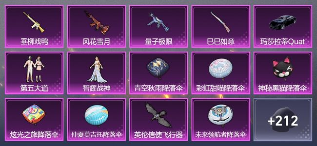 和平精英1载具 4升级枪 2粉装 2飞行器 133套装 54196热力 8印记