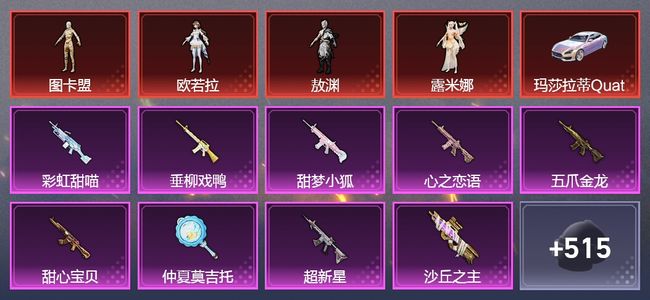 和平精英11载具 35升级枪 57粉装 25飞行器 328套装 212920热力 19印记