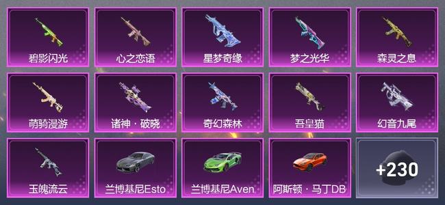 和平精英8载具 11升级枪 7粉装 2尾迹 177枪皮 126套装 68850热力 14印记