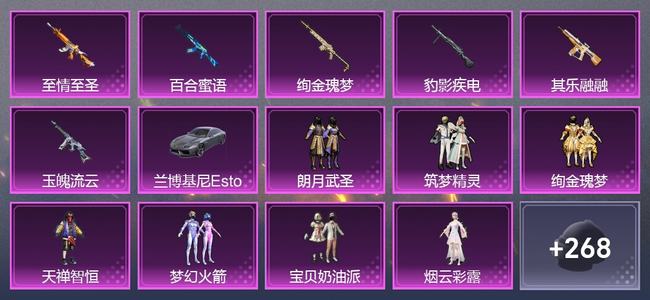 和平精英1载具 6升级枪 7粉装 4尾迹 201枪皮 155套装 69105热力 10印记