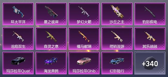 和平精英4载具 10升级枪 8粉装 3尾迹 253枪皮 174套装 77692热力 5印记