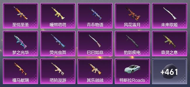 和平精英1载具 13升级枪 14粉装 3尾迹 347枪皮 249套装 110425热力 22印记