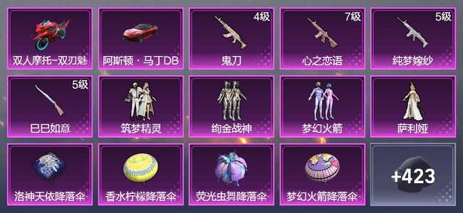 和平精英2载具 4升级枪 4粉装 1尾迹 247枪皮 198套装 76397热力 18印记