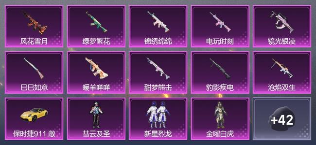 和平精英1载具 10升级枪 9粉装 290枪皮 244套装 19印记