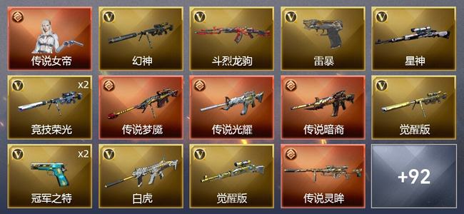 穿越火线（CF）1传说角色 4传说武器 2王者武器 3炫金武器 117V武器 8V角色 40皮肤 可排位 枪王