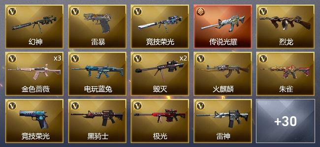 穿越火线（CF）1传说武器 1王者武器 2炫金武器 41V武器 2V角色 15皮肤 可排位 精英