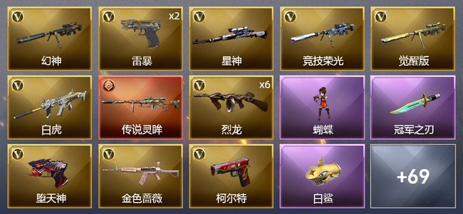 穿越火线（CF）1传说武器 1王者武器 2炫金武器 88V武器 2V角色 33皮肤 可排位 新锐