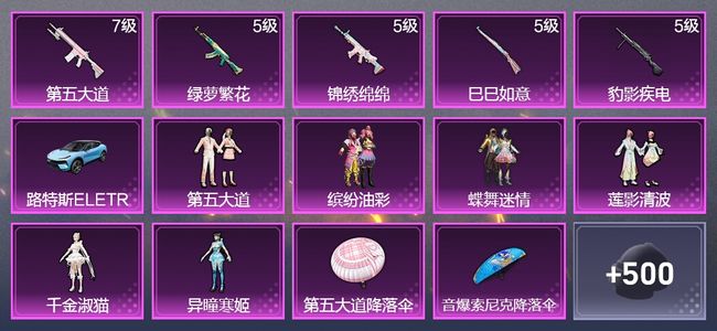 和平精英1载具 5升级枪 6粉装 3尾迹 290枪皮 238套装 92878热力 19印记 王牌