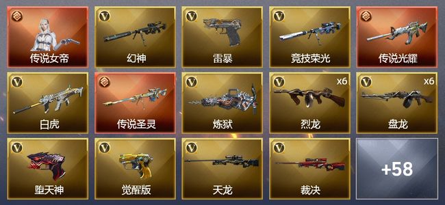 穿越火线（CF）1传说角色 2传说武器 9王者武器 1炫金武器 99V武器 5V角色 10皮肤 可排位