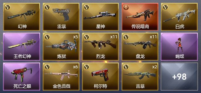 穿越火线（CF）1传说武器 17王者武器 6炫金武器 203V武器 6V角色 36皮肤 可排位