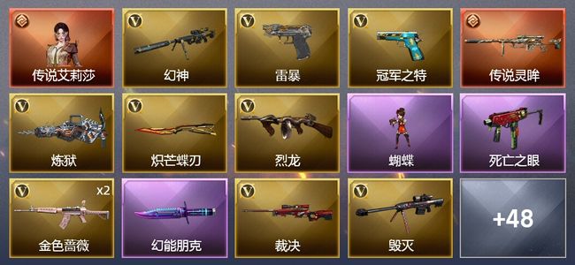 穿越火线（CF）1传说角色 2传说武器 1王者武器 1炫金武器 71V武器 3V角色 22皮肤 可排位 枪王