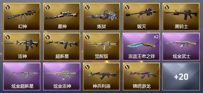 穿越火线（CF）1王者武器 3炫金武器 26V武器 1V角色 20皮肤 可排位 传奇