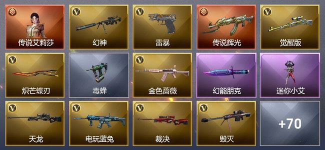 穿越火线（CF）1传说角色 1传说武器 4王者武器 2炫金武器 67V武器 3V角色 34皮肤 可排位 新锐