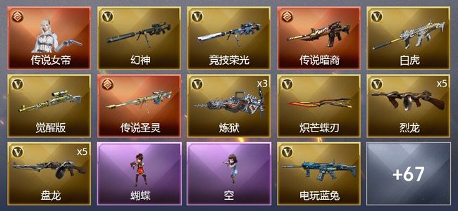 穿越火线（CF）1传说角色 2传说武器 2王者武器 3炫金武器 58V武器 5V角色 23皮肤 可排位 新锐