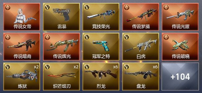 穿越火线（CF）1传说角色 7传说武器 3王者武器 3炫金武器 124V武器 7V角色 23皮肤 可排位