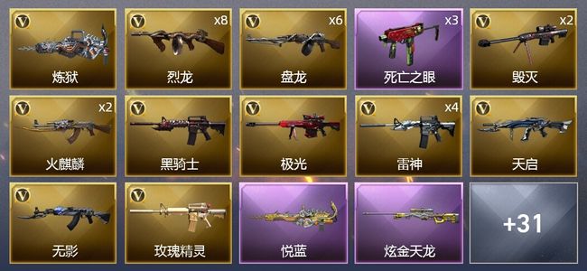 穿越火线（CF）1传说武器 2王者武器 1炫金武器 52V武器 2V角色 15皮肤 可排位 新锐
