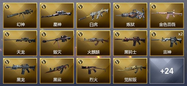 穿越火线（CF）6王者武器 2炫金武器 29V武器 1V角色 14皮肤 可排位 枪王
