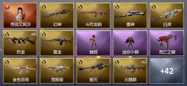 穿越火线（CF）1传说角色 0传说武器 0王者武器 2炫金武器 57V武器 2V角色 23皮肤 新锐