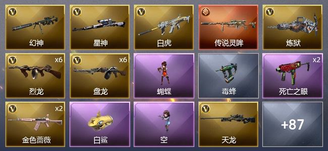 穿越火线（CF）0传说角色 1传说武器 6王者武器 1炫金武器 133V武器 10V角色 29皮肤 新锐
