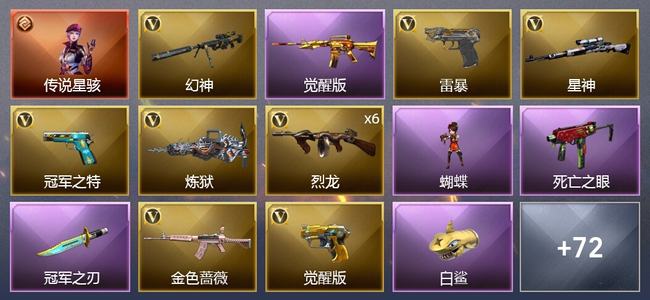 穿越火线（CF）1传说角色 1传说武器 2王者武器 0炫金武器 117V武器 6V角色 28皮肤 新锐