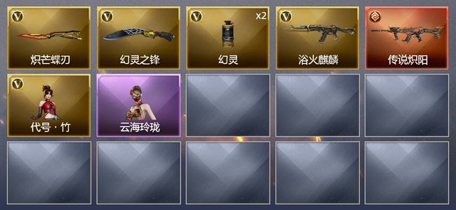 穿越火线（CF）0传说角色 1传说武器 0王者武器 0炫金武器 4V武器 1V角色 0皮肤 枪王