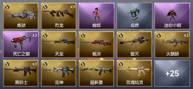 穿越火线（CF）0传说角色 0传说武器 1王者武器 0炫金武器 27V武器 2V角色 9皮肤 新锐