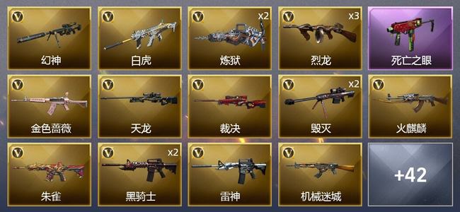 穿越火线（CF）0传说角色 0传说武器 2王者武器 3炫金武器 49V武器 1V角色 17皮肤 枪王