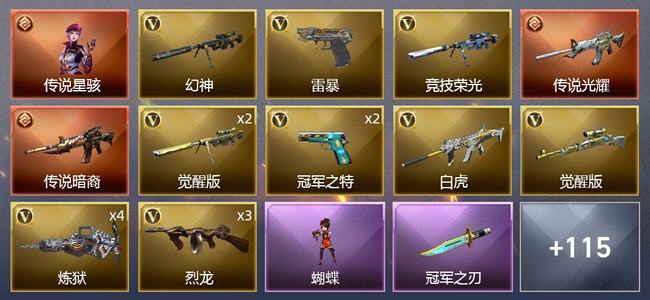 穿越火线（CF）1传说角色 3传说武器 1王者武器 3炫金武器 145V武器 5V角色 51皮肤 新锐