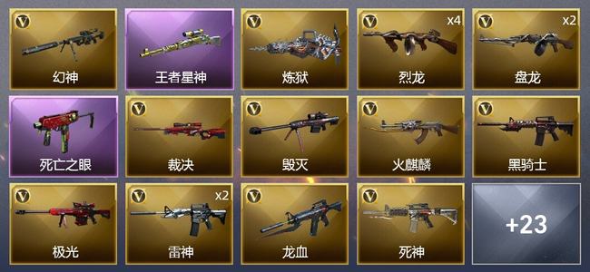 穿越火线（CF）0传说角色 0传说武器 6王者武器 1炫金武器 34V武器 1V角色 7皮肤 新锐