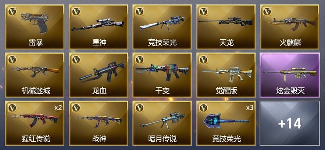 穿越火线（CF）0传说角色 0传说武器 0王者武器 1炫金武器 26V武器 2V角色 5皮肤 新锐