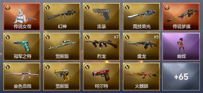 穿越火线（CF）1传说角色 1传说武器 5王者武器 0炫金武器 82V武器 3V角色 23皮肤 枪王