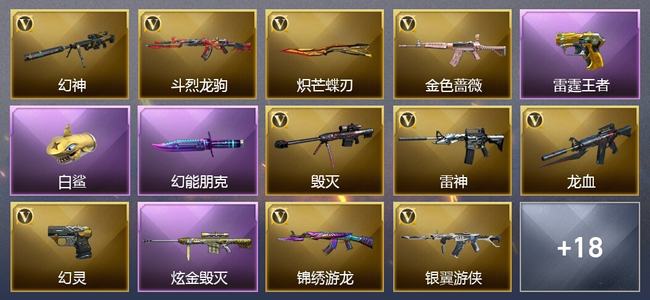 穿越火线（CF）0传说角色 0传说武器 1王者武器 1炫金武器 20V武器 2V角色 9皮肤 宗师