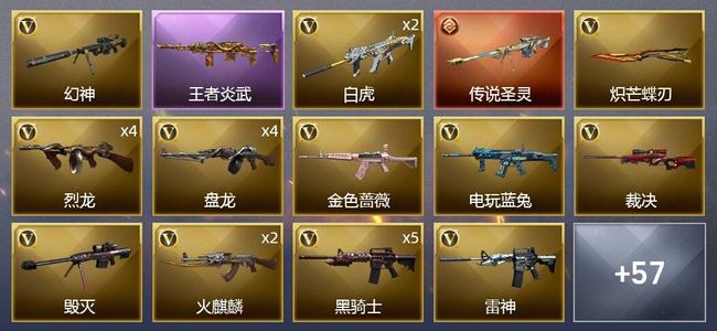 穿越火线（CF）0传说角色 1传说武器 1王者武器 1炫金武器 58V武器 2V角色 24皮肤 新锐