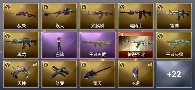 穿越火线（CF）0传说角色 1传说武器 1王者武器 0炫金武器 37V武器 1V角色 13皮肤 传奇