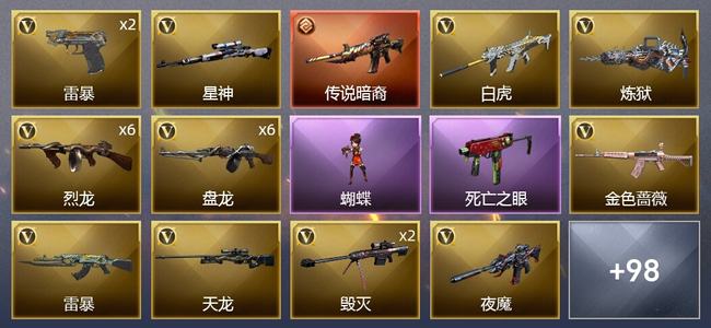 穿越火线（CF）0传说角色 1传说武器 12王者武器 3炫金武器 128V武器 5V角色 37皮肤 宗师